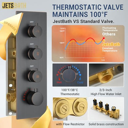 16" Thermostatic Dual Rainfall Head Shower System with Handheld & Valve, 16” Ceiling Shower Faucet Set with 6-Inch Shower Head, JetsBath Oil Rubbed Bronze Full Body Shower System for Couples/2-Person - color: Oil Rubbed Bronze