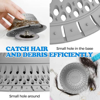 Bathtub Drain Strainer Silicone Bathroom Stopper Fixture Accessories | 5 pcs set: 2 pack silicone collapsible drain protector and cover with 3 snake drain clog removers for tub & shower - color: Gray Red