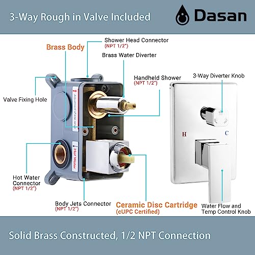 Polished Chrome Shower System with 4 PCS Shower Body Spray Jets & 12’’ Ceiling Shower Head & Handheld Spray, DASAN Full Body Shower Faucet System with Jets Rainfall Shower Combo Set, SA-SS03BCH-S12C - color: Chrome