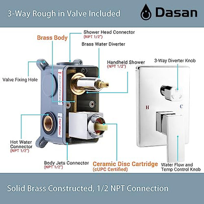 Polished Chrome Shower System with 4 PCS Shower Body Spray Jets & 12’’ Ceiling Shower Head & Handheld Spray, DASAN Full Body Shower Faucet System with Jets Rainfall Shower Combo Set, SA-SS03BCH-S12C - color: Chrome
