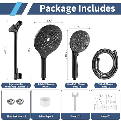 High Pressure Dual Shower Head with Handheld Spray Combo | 9 Spray Modes Handheld Showerhead, Double Rainfall Structure, Waterfall Shower Equipped with 79-Inch Hose, Matte Black - color: Matte Black