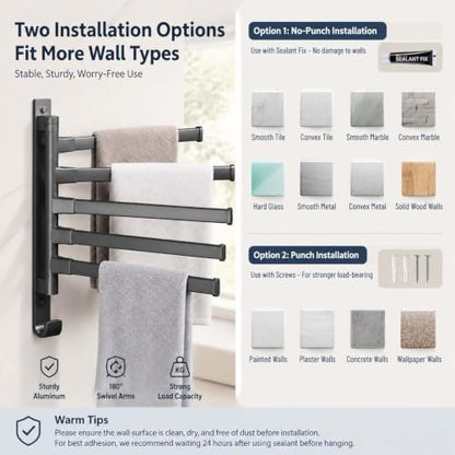 2-5 Arms Swivel Towel Rack Bath Towel Holder with Hook Swing Arm Towel Rack Wall Mount for Bathroom Kitchen (Grey, 5-arm) - color: Grey, size: 5-arm