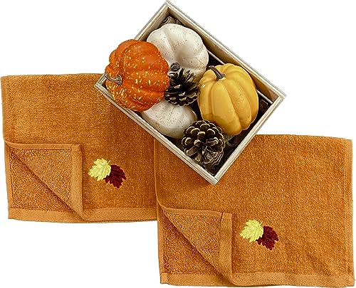 Fall Bathroom Leaf Fingertip Towels: Embroidered Gold Burgundy Leaves on Rust Orange, 2 Piece Bath Set, 12 x 18 Inches Each - color: Rust
