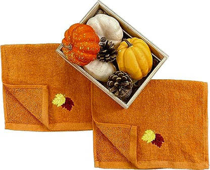 Fall Bathroom Leaf Fingertip Towels: Embroidered Gold Burgundy Leaves on Rust Orange, 2 Piece Bath Set, 12 x 18 Inches Each - color: Rust