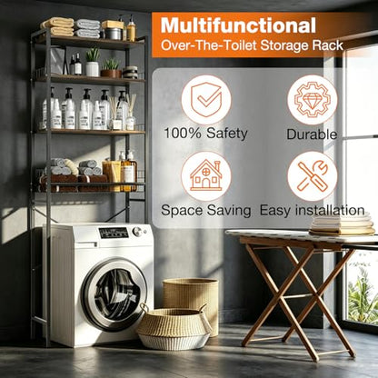 Over The Toilet Storage Rack 4-Tier Freestanding Bathroom Organizer Shelf Over Toilet with Adjustable Shelf & Basket, Space-Saving for Small Spaces, Rustic Brown