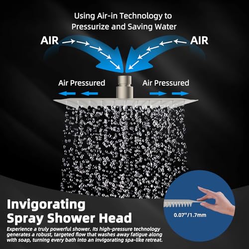 Hibbent All Metal 12 Inch Shower Head, High Pressure Stainless Steel Rain Showerheads, Ultra-thin Bathroom Rainfall Showerhead, Adjustable Brass Ball Joint, Silicone Nozzles, Brushed Nickel - color: Brushed Nickel, size: 12 Inch