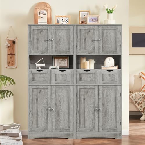 Iwell Tall Storage Cabinet with Adjustable Shelf, Bathroom Cabinet with 2 Drawers, Linen Cabinet for Living Room, Grey - color: Grey-4 Shelves
