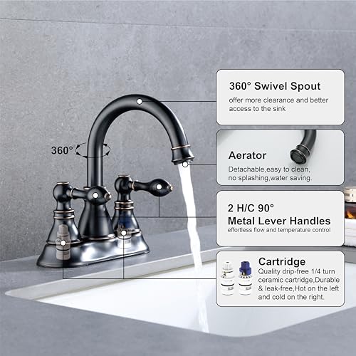 Oil Rubbed Bronze 4 Inch Centerset Bathroom Faucet 3 Hole with Drain,2 Pack | Derengge High Arc Classic 2-Handle Bathroom Faucet, Vanity Lavatory Faucet with 360° Swivel Spout，F-4501-ORB - color: Oil Rubbed BronzeX2