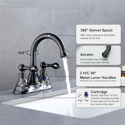 Oil Rubbed Bronze 4 Inch Centerset Bathroom Faucet 3 Hole with Drain,2 Pack | Derengge High Arc Classic 2-Handle Bathroom Faucet, Vanity Lavatory Faucet with 360° Swivel Spout，F-4501-ORB - color: Oil Rubbed BronzeX2