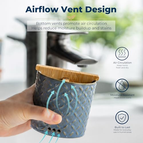 Zoeeker Toothbrush Holders, Detachable 3 Slots Electric Toothpaste Holder | Ceramic Toothbrush & Toothpaste Cup with Drain Holes & Bamboo Divider Brush Holder for Bathroom Countertop, Family, Blue - color: A-blue