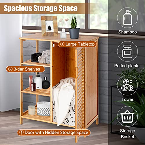Tangkula Bamboo Bathroom Floor Cabinet, Storage Cabinet with Shutter Door and 3 Tier Shelves, Freestanding Bathroom Cabinet for Living Room Kitchen Hallway, Natural - style: Single Door