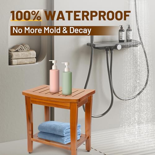 16" Compact Teak Shower Bench with Shelf, Premium Teak Shower Stool, Durable Waterproof Seat for Inside Shower, Solid Teak Wood Bench for Bathroom, Indoor & Outdoor Use - size: 16" W x 11" Dx 17" H