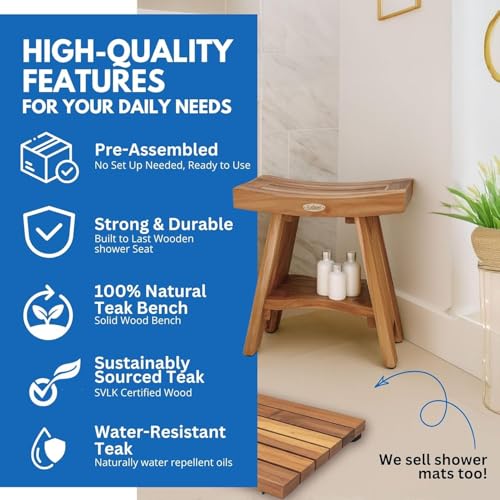 EcoDecors Teak Shower Bench 18", 300 lb Capacity – Waterproof Wood Bath Seat with Shelf, Spa Seating for Adults – Compact Fit for Small Bathrooms & Walk-in Showers – Slip-Resistant Feet - size: 18" shelf