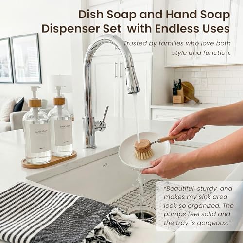 Maisonovo Dish Soap Dispenser Set - Clear Soap Dispenser White Bamboo Pumps | Glass bottles for body wash, lotion, shampoo or conditioner · Sink, bathroom or countertop · Tray, 16.9 oz each - color: Clear Bottles White Bamboo Pumps
