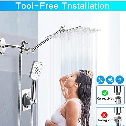 Rain shower heads with Handheld Spray Combo,8''High Pressure Rainfall Shower Head with 9'' Extension Arm,Square Shower head with 3 Setting Handheld Shower head and 78" Hose,Waterfall showerhead - color: Chrome, size: 8'' Showerhead Set
