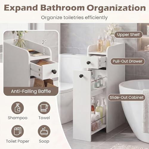 COSTWAY Slim Bathroom Cabinet, Freestanding Narrow Organizer, White | 7" Wide Space-Saving Storage with 2-Tier Slide-Out Drawer, Shelf & Toilet Paper Holder, for Bathroom, Laundry & Small Spaces - color: White