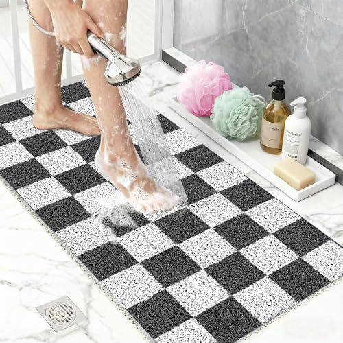 Non Slip Loofah Shower Mats 24"x16", Quick Drying Bath Mat for Bathroom Floor, PVC Bath Mat for Inside Shower, Soft Textured & Elderly Safe, Black Checkered - color: Black Checkered, size: 16" x 24" (Rectangular)