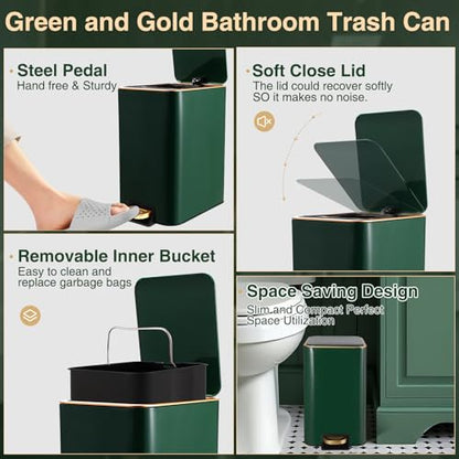 XLHOMO Bathroom Set Bathroom Accessories Set 8 Piece Green and Gold Bathroom Set, Bathroom Sets with Stainless Steel Trash Can,Toilet Brush,Toothbrush Set,Soap Dispenser - size: Hunter Green, style: Bath Set
