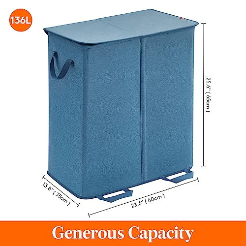 Lifewit Double Laundry Hamper with Lid and Removable Laundry Bags, Large Collapsible 2 Dividers Dirty Clothes Basket with Handles for Bedroom Laundry Room Closet Bathroom College, 136L Blue - color: Blue, size: 136L
