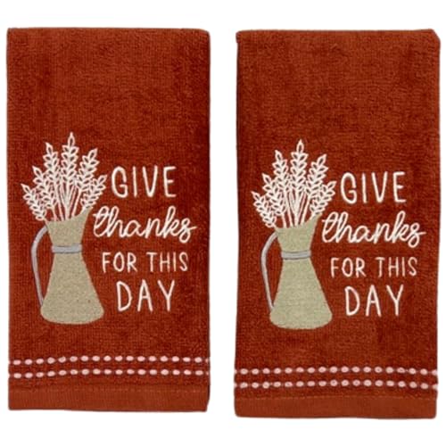 Serafina Home Fall Farmhouse Fingertip Towels for Bathroom: Harvest Autumn Rust Dark Orange Embroidered Give Thanks for This Day Wheat Bouquet, 100% Cotton, 12" x 18", 2 Pc Set - color: Give Thanks