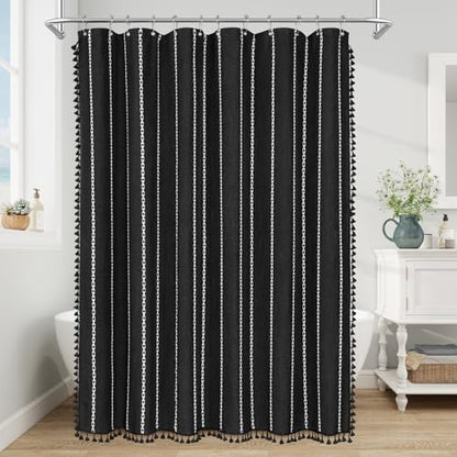 Boho Farmhouse Tassel Linen Shower Curtain,3D Embroidery Stripe Black,48x72 | Narrow Stall,310GSM Linen Texture Heavy Duty Cloth,Water Repellent,Wrinkle Resistant,Bohemian Luxury Farmhouse Rustic style - color: Black, size: 48"W x 72"L (Pack of 1)