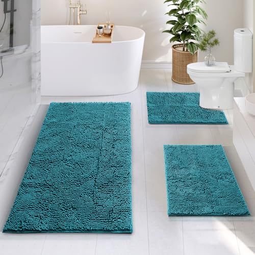Hearth & Harbor Bathroom Rugs, Chenille Bath Mat - Machine Washable Bath Mats for Bathroom Non-Slip Backing Rubber, Quick Dry Mat - Teal Blue Bath Rug, 17x24-26x44-20x24 - color: Teal, style: 17x24 / 26x44 / 20x24