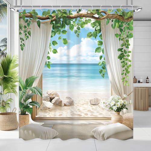 Ocean Coastal Blue Sea Beach Beachy Tropical Bathroom Shower Curtain Set | 60Wx72L Summer Hawaiian waterproof HD printed fabric, quick-dry feel, and hooks for easy installation - color: B-01beach, size: 60"W x 72"L (Pack of 1)