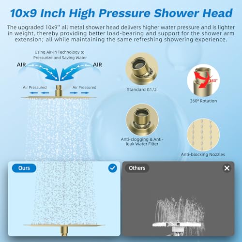 Hibbent High Pressue All Metal 10" Rainfall Shower Head, Handheld 10-Spray | cUPC Certified Brushed Gold Dual Showerhead Combo, 4-way Diverter with Pause Mode, Brass Extension Arm, 71'' Hose & Holder - color: Burshed Gold, style: Square 10"