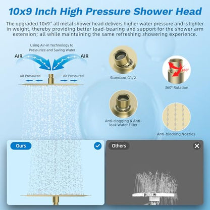 Hibbent High Pressue All Metal 10" Rainfall Shower Head, Handheld 10-Spray | cUPC Certified Brushed Gold Dual Showerhead Combo, 4-way Diverter with Pause Mode, Brass Extension Arm, 71'' Hose & Holder - color: Burshed Gold, style: Square 10"