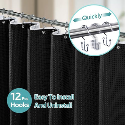 3 in 1 Shower Curtain Set, Waffle Shower Curtain and Liner Set with 12 Double Sided Shower Curtain Hooks, 258GSM Luxury Weighted Cloth Shower Curtains for Bathroom, 72 W x 84 H, Black - color: Black, size: 72"W x 84"L (Pack of 1)