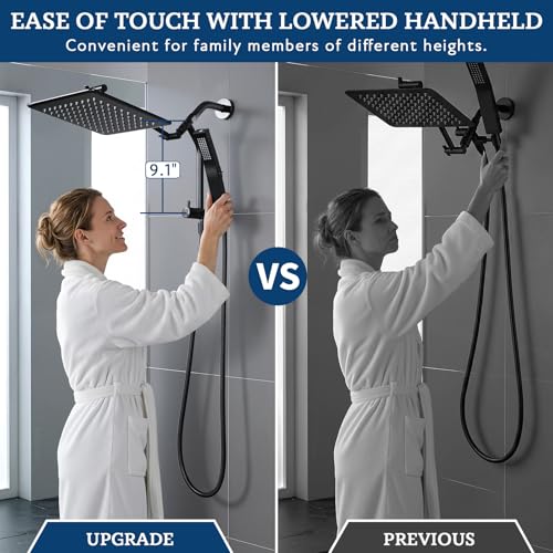 G-Promise All Metal Shower Diverter with Low Handheld Holder (Matte Black) | 10 Inch Downward-Extend Bracket for All Heights, 4 Spray Modes with Pause, Anti-Leak, Easy Install, Universal Replacement - color: Matte Black, size: Lower 9 Inch