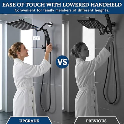 G-Promise All Metal Shower Diverter with Low Handheld Holder (Matte Black) | 10 Inch Downward-Extend Bracket for All Heights, 4 Spray Modes with Pause, Anti-Leak, Easy Install, Universal Replacement - color: Matte Black, size: Lower 9 Inch