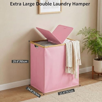 efluky Laundry Hamper with Lid, Double Laundry Basket with 2 Removable Bags, 2 Section Laundry Bin with Bamboo Handles for Bathroom, Bedroom & Laundry Room, 140L (36.9 Gallon) Pink - color: Pink, size: 140L Dual