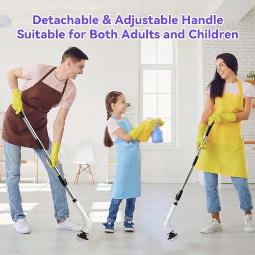 Electric Cordless Spin Scrubber – 2-Speed High-Efficiency Adjustable Portable Cleaning Brush for Home, 8 Replaceable Brush Heads for 360° Powerful Cleaning in Bathroom, Kitchen, Car(Pure White)