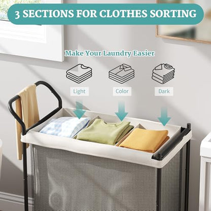Laundry Hamper 3 Section, Laundry Basket with Wheels-165L, Removable Washable Bags, Height-Fitted Rolling Laundry Cart for Laundry Room & Bedroom - size: 165L(3-Section)