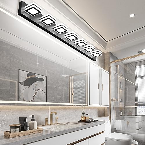 Ralbay 46inch Vanity Light Modern 7 Lights Black Bathroom Vanity Lighting Fixtures Over Long Mirror Acrylic Up and Down Matte Black Bathroom Wall Mounted Lights - color: Black, size: 7 Light