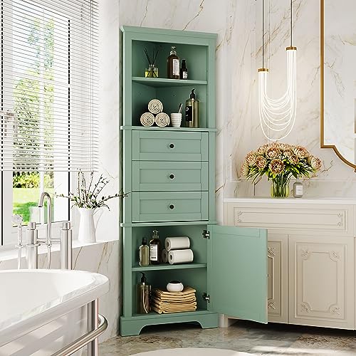 Green Corner Cabinet, 69" Tall Bathroom Storage Cabinet with 3 Drawers & Adjustable Shelves, Triangle Freestanding Linen Tower Pantry Organizer for Small Spaces Kitchen Living Room