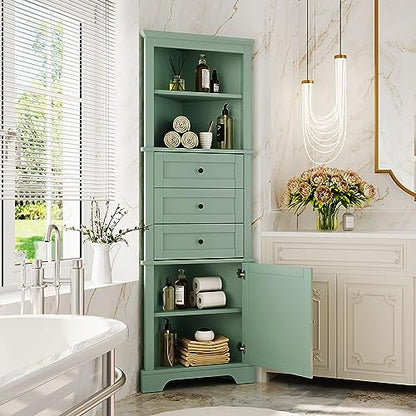 Green Corner Cabinet, 69" Tall Bathroom Storage Cabinet with 3 Drawers & Adjustable Shelves, Triangle Freestanding Linen Tower Pantry Organizer for Small Spaces Kitchen Living Room