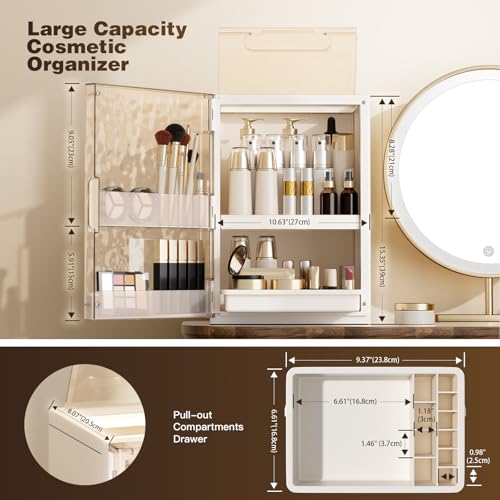 Makeup Organizer with Drawers and Lid, Large Skincare Organizer for Vanity, Dustproof Cosmetic Organizer and Makeup Storage Box with Brush Holder for Dresser, Bathroom Countertop