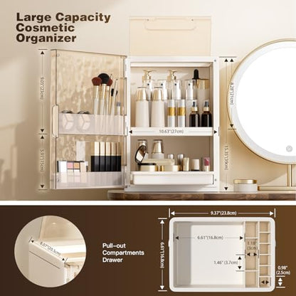 Makeup Organizer with Drawers and Lid, Large Skincare Organizer for Vanity, Dustproof Cosmetic Organizer and Makeup Storage Box with Brush Holder for Dresser, Bathroom Countertop