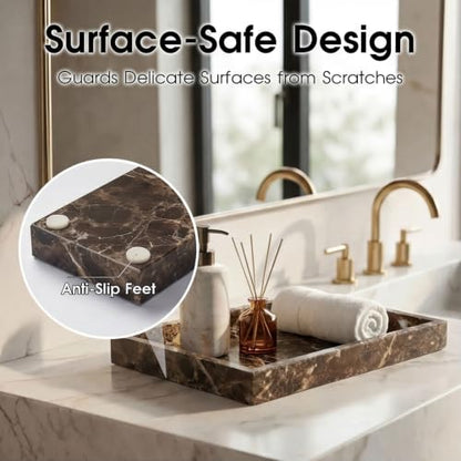 Natural Marble Tray Heavyweight Stone Vanity Tray for Bathroom Countertop, Coffee Table & Dresser - Handcrafted Rectangular Organizer (Coffee Brown, 12" x 8" x 1.2") - color: Coffee Brown