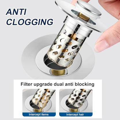2 Pcs Bathroom Sink Drain Strainer, Universal Pop Up Stopper with Removable Stainless Steel Hair Catcher Basket