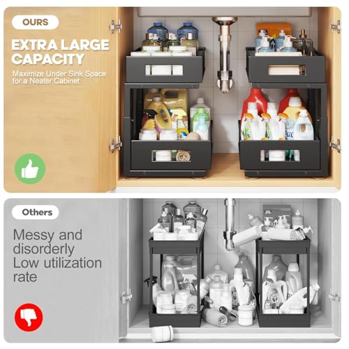 2-Tier Under Sink Organizer With Sliding Drawers, Pull-Out Cabinet Organizer With Adjustable Height, Kitchen & Bathroom Storage Shelf, Black, 1 Pack