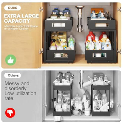 2-Tier Under Sink Organizer With Sliding Drawers, Pull-Out Cabinet Organizer With Adjustable Height, Kitchen & Bathroom Storage Shelf, Black, 1 Pack