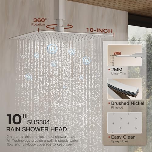 Shower System, All Metal Dual Rain Shower Head with Handheld | 3-In-1 Push Button Valve and Trim Kit, Brushed Nickel SUS304 10" Ceiling & 8" Wall Mount Heads, Bathroom Shower Faucet Set - color: Brushed Nickel