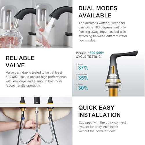Black and Gold Bathroom Faucets for Sink 3 Hole 2 Handle Widespread | Bathroom Vanity Faucet with Pop Up Drain & Supply Lines, Lead-Free cUPC & NSF Certified, 8 Inch Faucet for Vanity RV Sink - color: Black & Gold