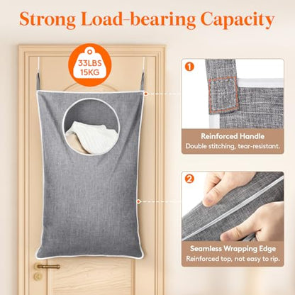 Over Door Laundry Hamper, Large Collapsible Hanging Laundry Hamper, Hanging Laundry Basket Bag for Bathroom Bedroom Dirty Clothes Storage Organizer, Light Gray