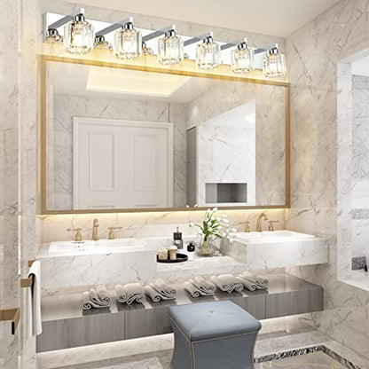 Aipsun Bathroom Vanity Light Crystal Vanity Lighting Fixtures 6 Lights Chrome Vanity Light for Bathroom (Exclude Bulb) - color: Chrome (Round), size: 49 inch