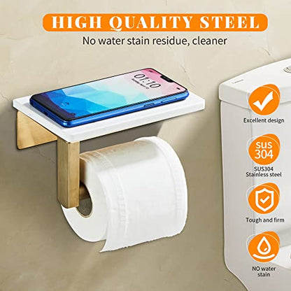 Brushed Gold Toilet Paper Holder with Marble-Look Shelf, Wall Mounted SUS304 Stainless Steel Toilet Roll Holder with Phone Storage - color: Brushed Gold