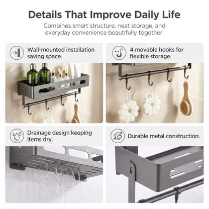 Carbon Steel Shower Caddy and Gray Shower Shelf Storage Rack | Adhesive Stick-On No-Drilling with Towel Bar&Hooks, Removable, Inside Shower, also works as Shower Organizer, Bathroom Shelf